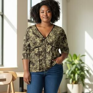 Vintage Y2K 2000s CATO Lace Seamed Top Plus Size 14/16W Brown Cream Neutral